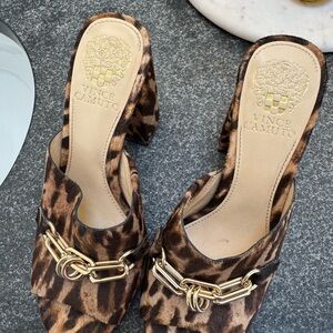 Vince Camuto Animal Print Mules with Gold Chain